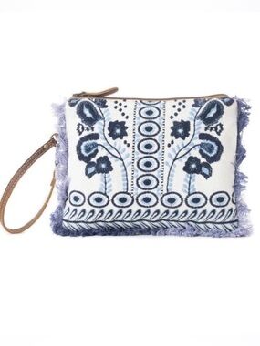 Myra Bag Amber Mynora Sky Blue Embroidered Floral Wristlet Pouch